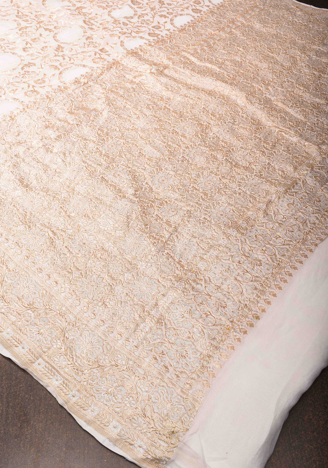 Preorder : White Banarasi Silk Georgette Saree with Alfi Zari Jaal and Zari Border | SILK MARK CERTIFIED