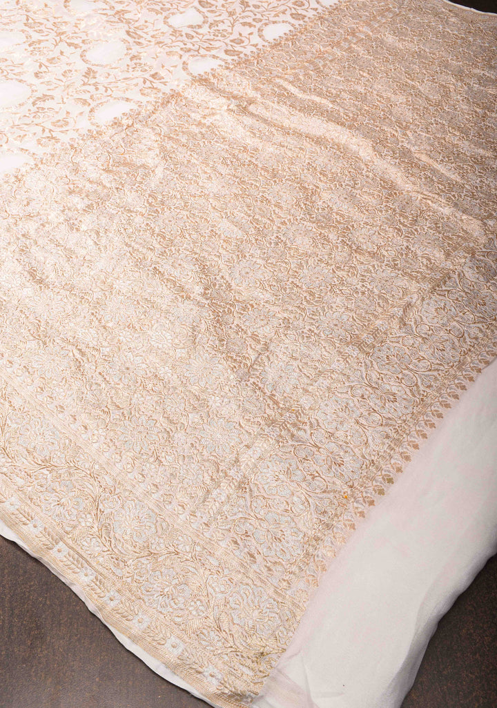 Preorder : White Banarasi Silk Georgette Saree with Alfi Zari Jaal and Zari Border | SILK MARK CERTIFIED