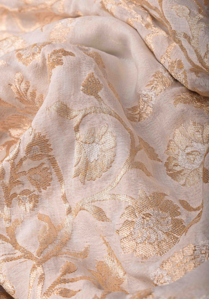 Preorder : White Banarasi Silk Georgette Saree with Alfi Zari Jaal and Zari Border | SILK MARK CERTIFIED