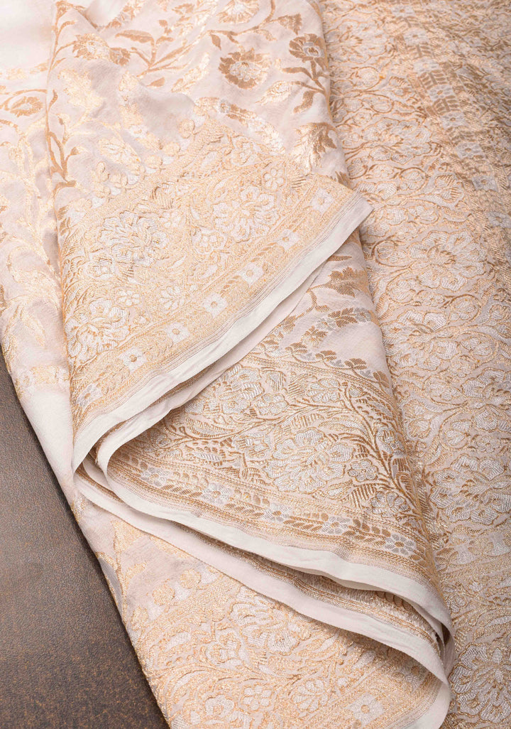 Preorder : White Banarasi Silk Georgette Saree with Alfi Zari Jaal and Zari Border | SILK MARK CERTIFIED