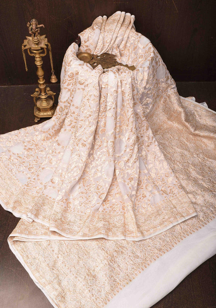 Preorder : White Banarasi Silk Georgette Saree with Alfi Zari Jaal and Zari Border | SILK MARK CERTIFIED