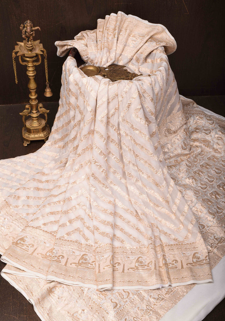White Banarasi Silk Georgette Saree with Alfi Geometric Pattern and Zari Border | SILK MARK CERTIFIED