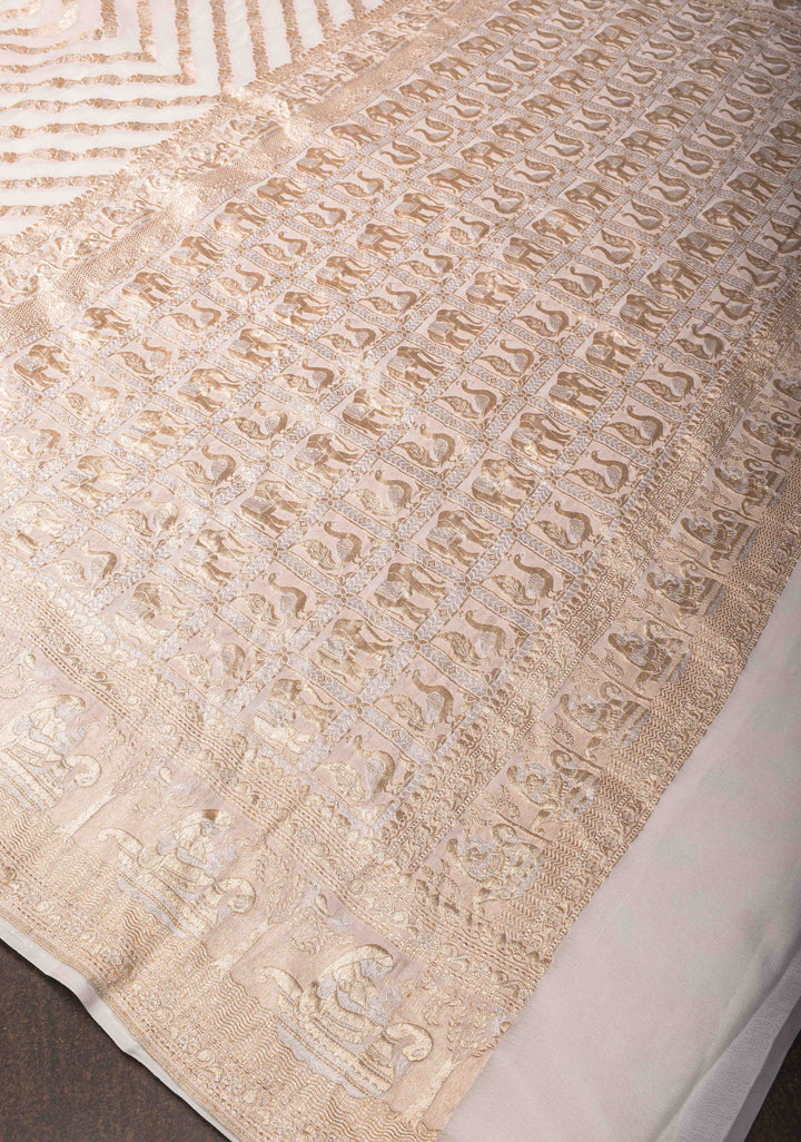 White Banarasi Silk Georgette Saree with Alfi Geometric Pattern and Zari Border | SILK MARK CERTIFIED