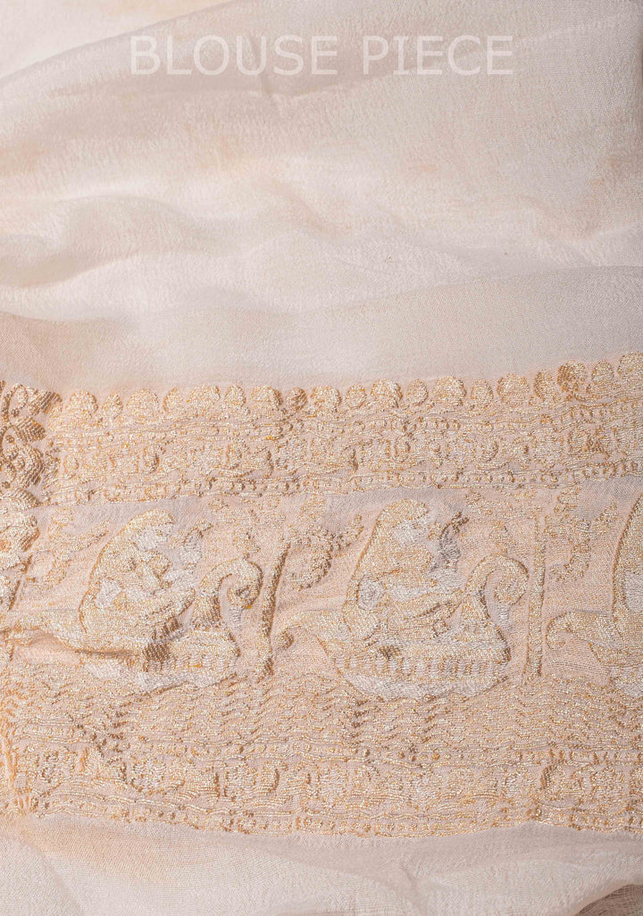 White Banarasi Silk Georgette Saree with Alfi Geometric Pattern and Zari Border | SILK MARK CERTIFIED