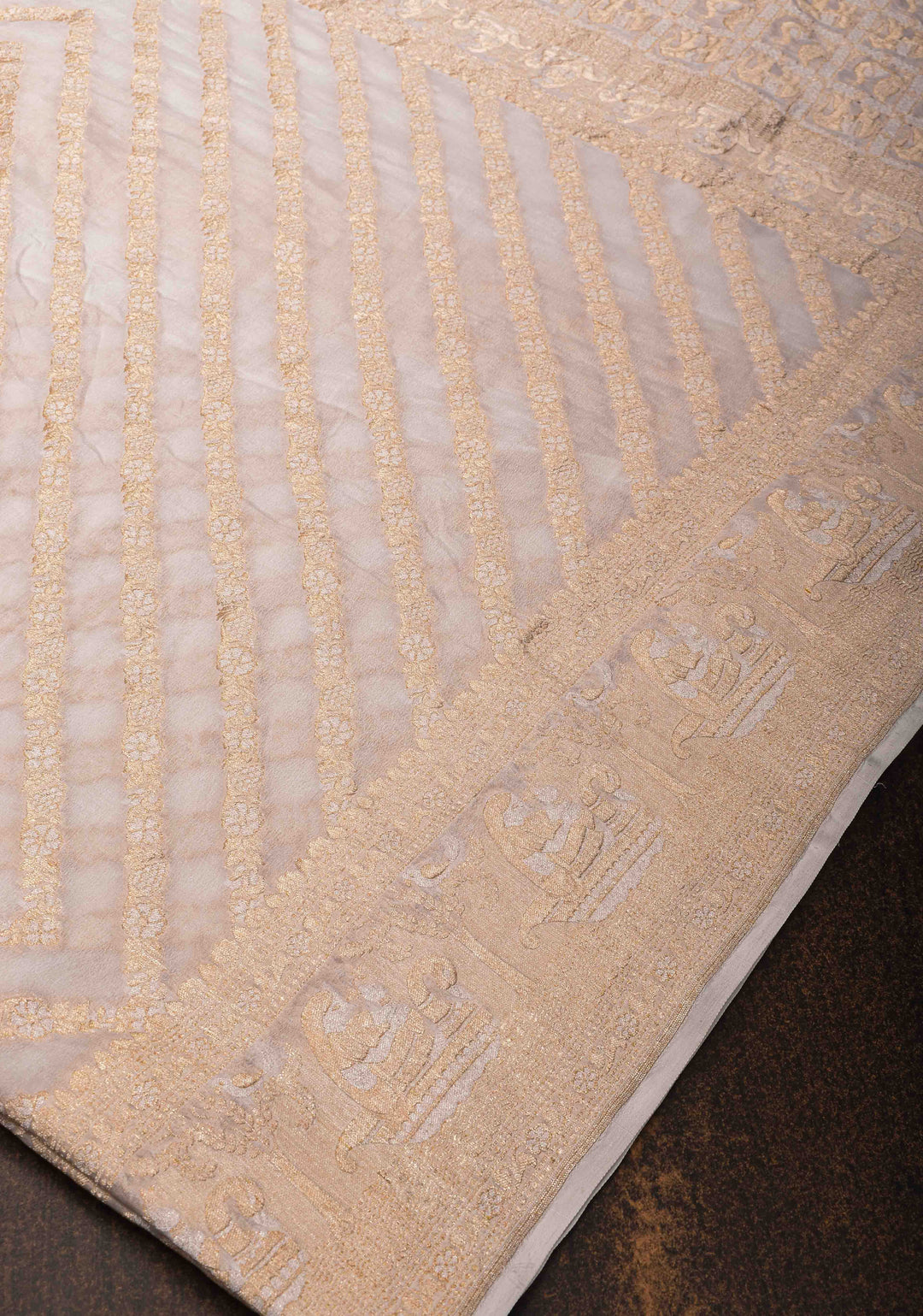 White Banarasi Silk Georgette Saree with Alfi Geometric Pattern and Zari Border | SILK MARK CERTIFIED