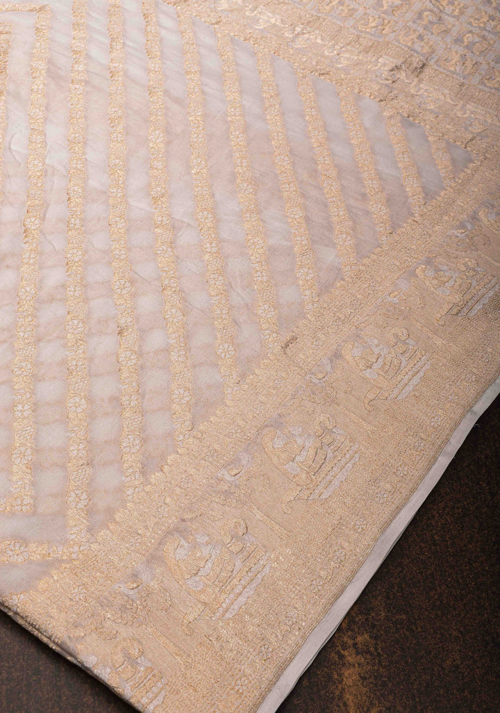 White Banarasi Silk Georgette Saree with Alfi Geometric Pattern and Zari Border | SILK MARK CERTIFIED