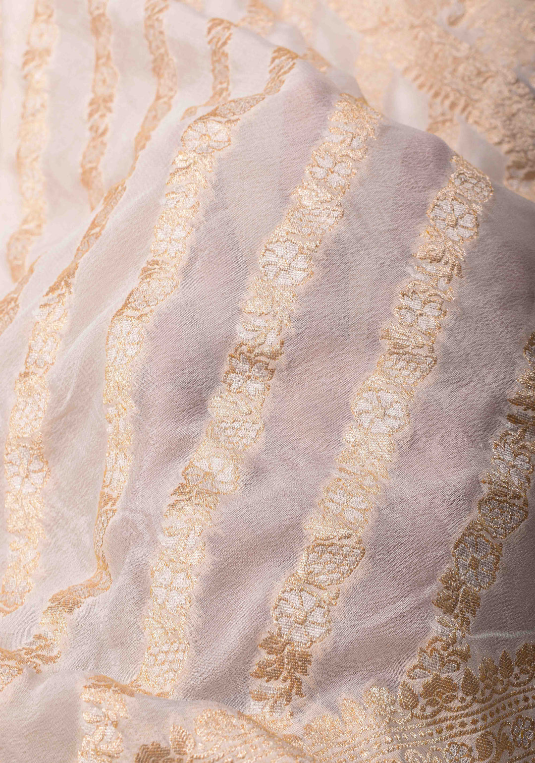 White Banarasi Silk Georgette Saree with Alfi Geometric Pattern and Zari Border | SILK MARK CERTIFIED
