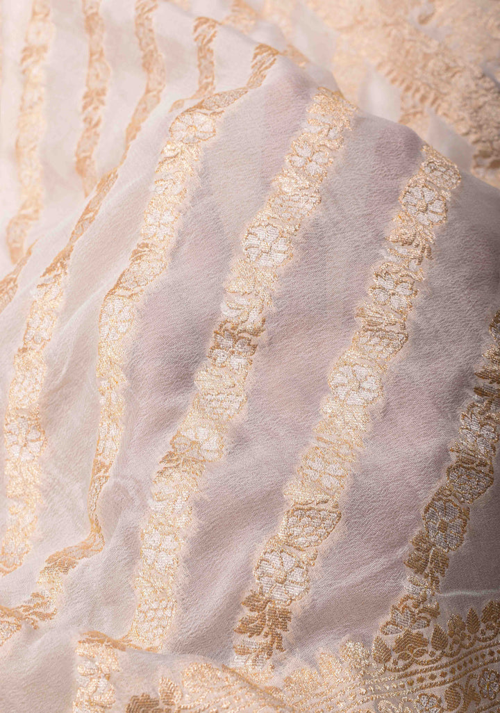 White Banarasi Silk Georgette Saree with Alfi Geometric Pattern and Zari Border | SILK MARK CERTIFIED