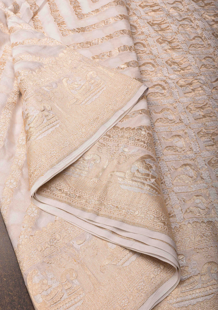White Banarasi Silk Georgette Saree with Alfi Geometric Pattern and Zari Border | SILK MARK CERTIFIED