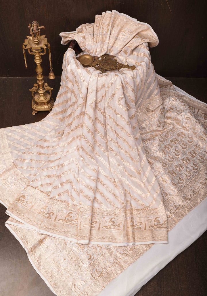 White Banarasi Silk Georgette Saree with Alfi Geometric Pattern and Zari Border | SILK MARK CERTIFIED