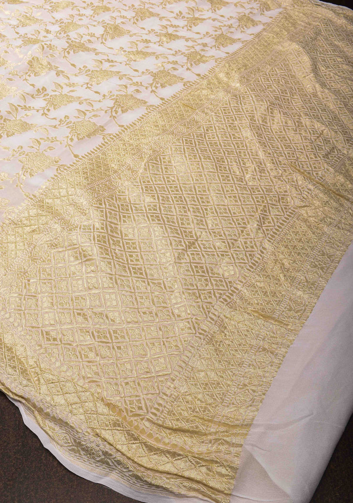 White Banarasi Georgette Silk Saree with Rose Zari Jaal and Zari Border | SILK MARK CERTIFIED