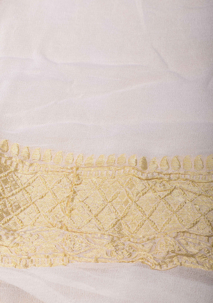 White Banarasi Georgette Silk Saree with Rose Zari Jaal and Zari Border | SILK MARK CERTIFIED