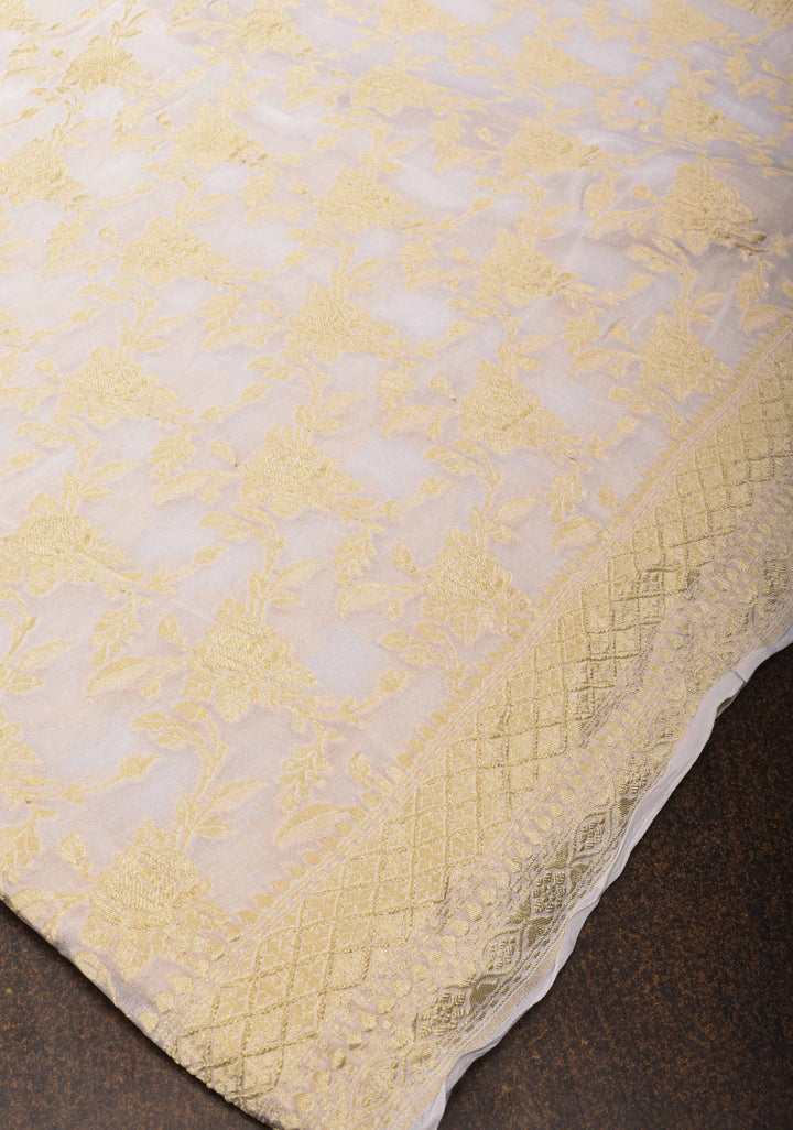 White Banarasi Georgette Silk Saree with Rose Zari Jaal and Zari Border | SILK MARK CERTIFIED