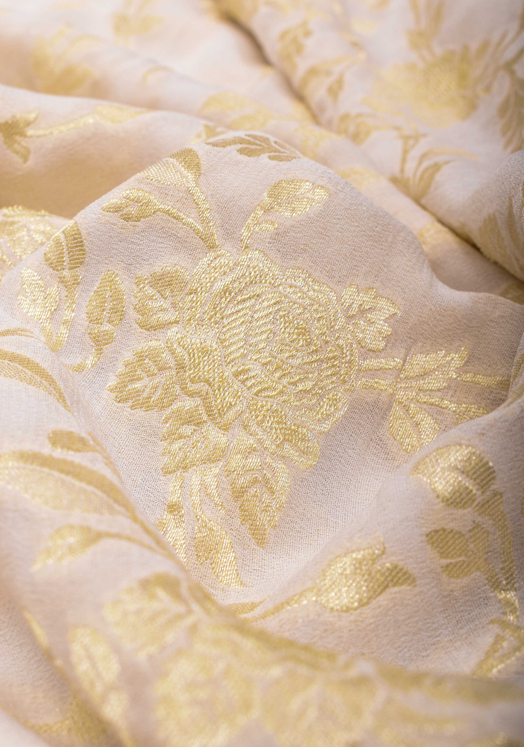 White Banarasi Georgette Silk Saree with Rose Zari Jaal and Zari Border | SILK MARK CERTIFIED
