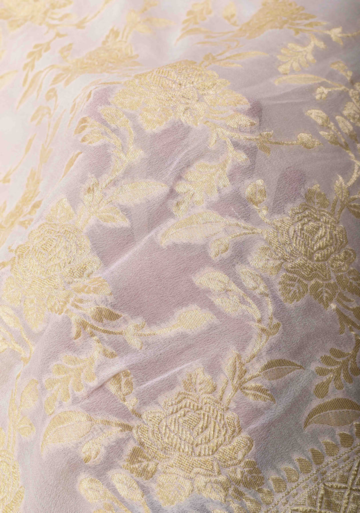 White Banarasi Georgette Silk Saree with Rose Zari Jaal and Zari Border | SILK MARK CERTIFIED