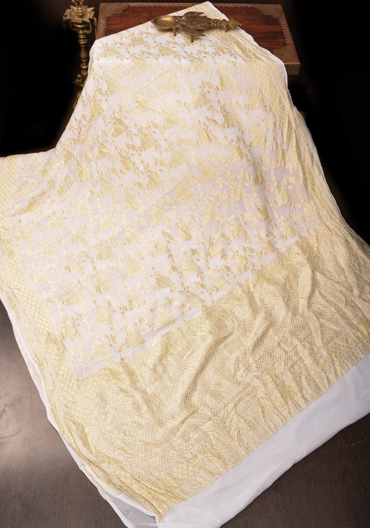 White Banarasi Georgette Silk Saree with Rose Zari Jaal and Zari Border | SILK MARK CERTIFIED