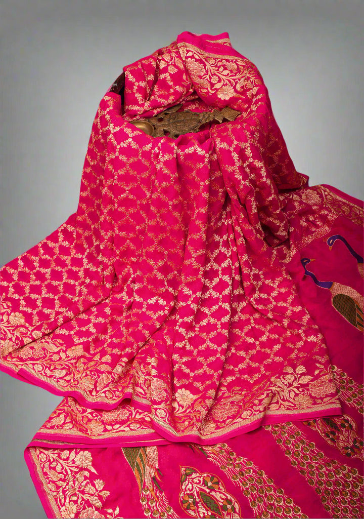 Pink Banarasi Silk Georgette Saree with Jaal Zari and Resplendent Peacock Meenakari Pallu | SILK MARK CERTIFIED