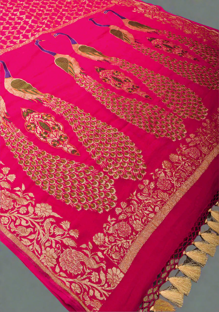Pink Banarasi Silk Georgette Saree with Jaal Zari and Resplendent Peacock Meenakari Pallu | SILK MARK CERTIFIED