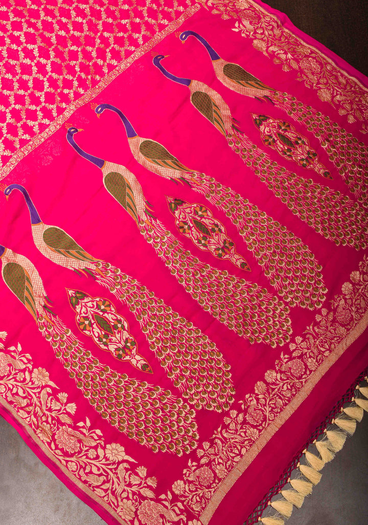Pink Banarasi Silk Georgette Saree with Jaal Zari and Resplendent Peacock Meenakari Pallu | SILK MARK CERTIFIED
