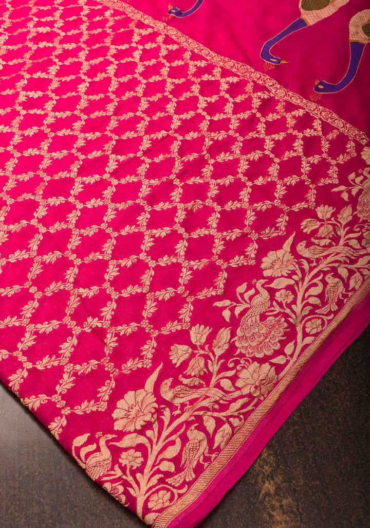 Pink Banarasi Silk Georgette Saree with Jaal Zari and Resplendent Peacock Meenakari Pallu | SILK MARK CERTIFIED