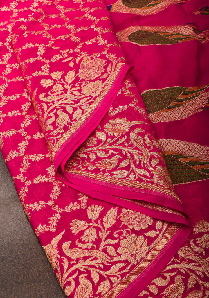 Pink Banarasi Silk Georgette Saree with Jaal Zari and Resplendent Peacock Meenakari Pallu | SILK MARK CERTIFIED
