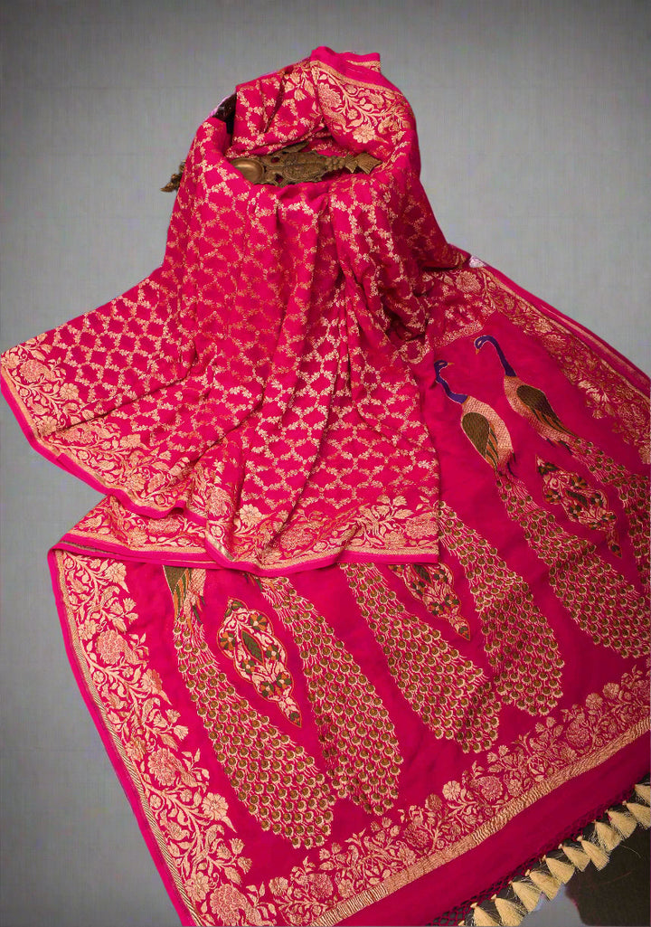 Pink Banarasi Silk Georgette Saree with Jaal Zari and Resplendent Peacock Meenakari Pallu | SILK MARK CERTIFIED