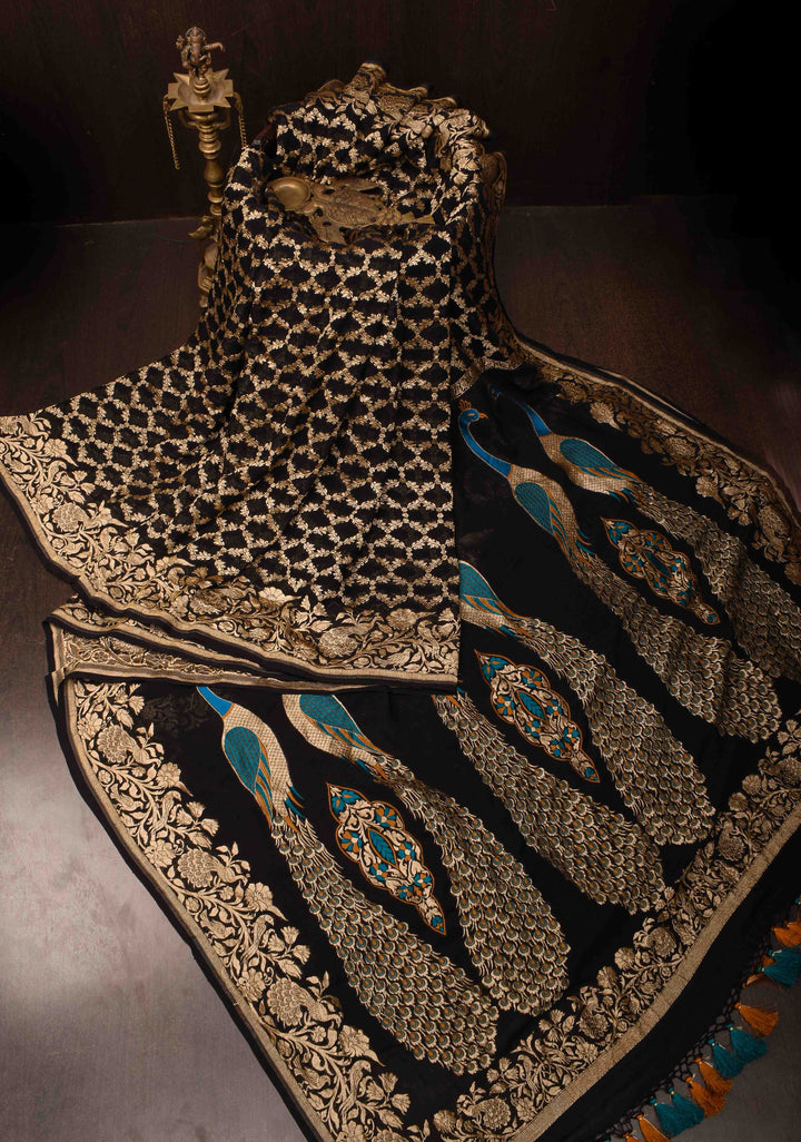 Black Banarasi Georgette Silk Saree with Zari Jaal and Resplendent Peacock Meenakari Pallu | SILK MARK CERTIFIED