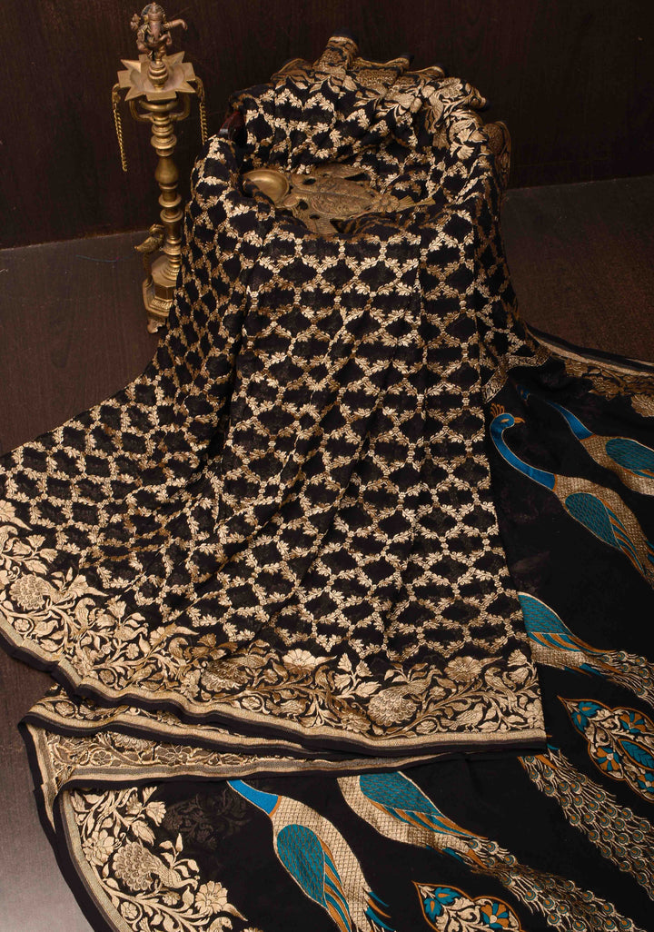 Black Banarasi Georgette Silk Saree with Zari Jaal and Resplendent Peacock Meenakari Pallu | SILK MARK CERTIFIED