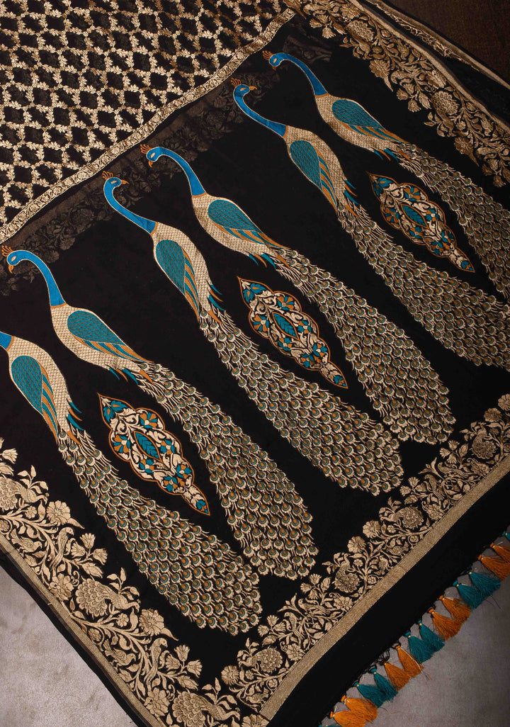 Black Banarasi Georgette Silk Saree with Zari Jaal and Resplendent Peacock Meenakari Pallu | SILK MARK CERTIFIED