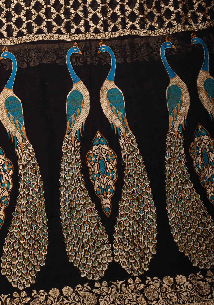 Black Banarasi Georgette Silk Saree with Zari Jaal and Resplendent Peacock Meenakari Pallu | SILK MARK CERTIFIED