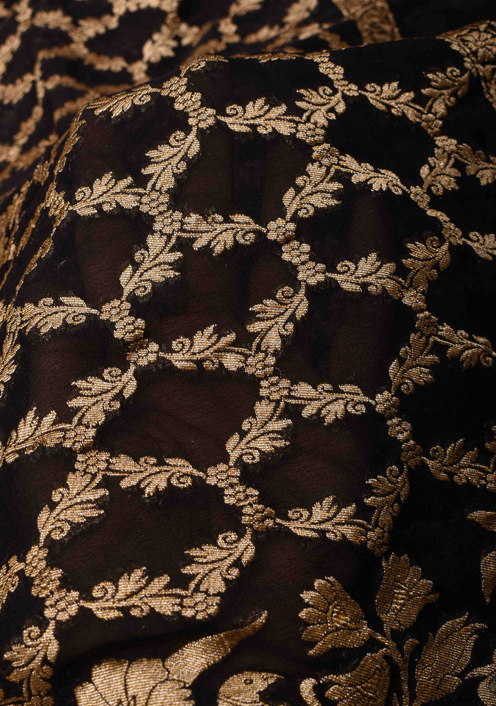 Black Banarasi Georgette Silk Saree with Zari Jaal and Resplendent Peacock Meenakari Pallu | SILK MARK CERTIFIED
