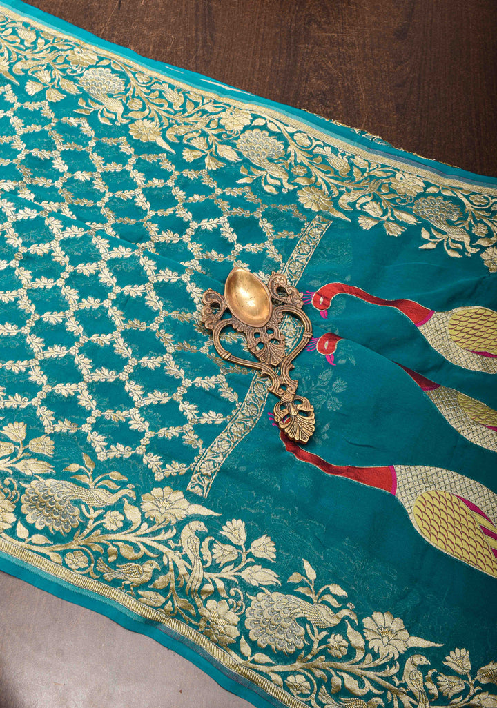 Teal Banarasi Silk Georgette Saree with Zari Jaal and Resplendent Peacock Meenakari Pallu | SILK MARK CERTIFIED