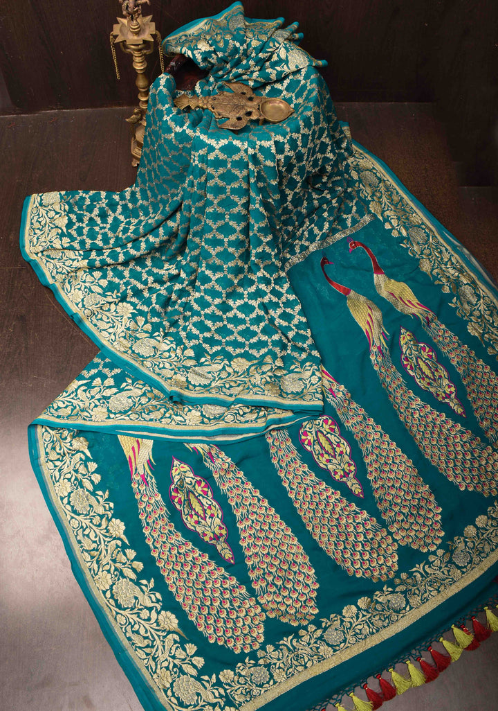 Teal Banarasi Silk Georgette Saree with Zari Jaal and Resplendent Peacock Meenakari Pallu | SILK MARK CERTIFIED