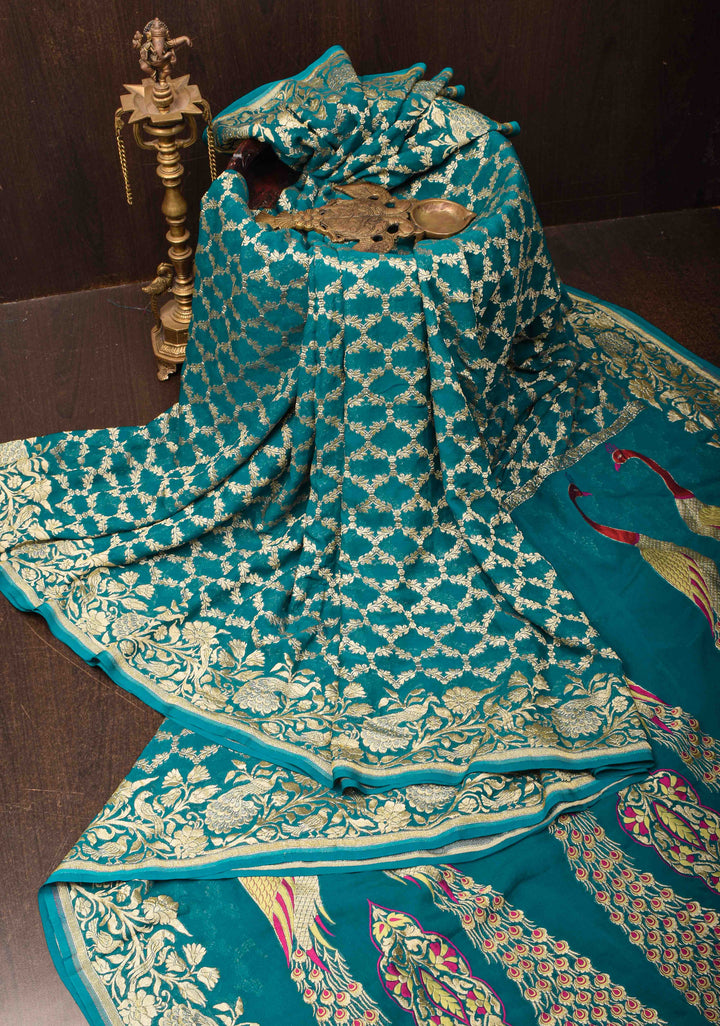 Teal Banarasi Silk Georgette Saree with Zari Jaal and Resplendent Peacock Meenakari Pallu | SILK MARK CERTIFIED