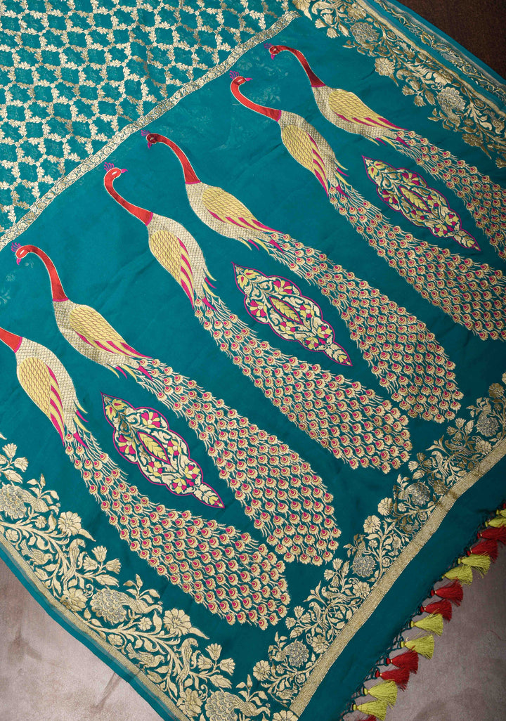 Teal Banarasi Silk Georgette Saree with Zari Jaal and Resplendent Peacock Meenakari Pallu | SILK MARK CERTIFIED