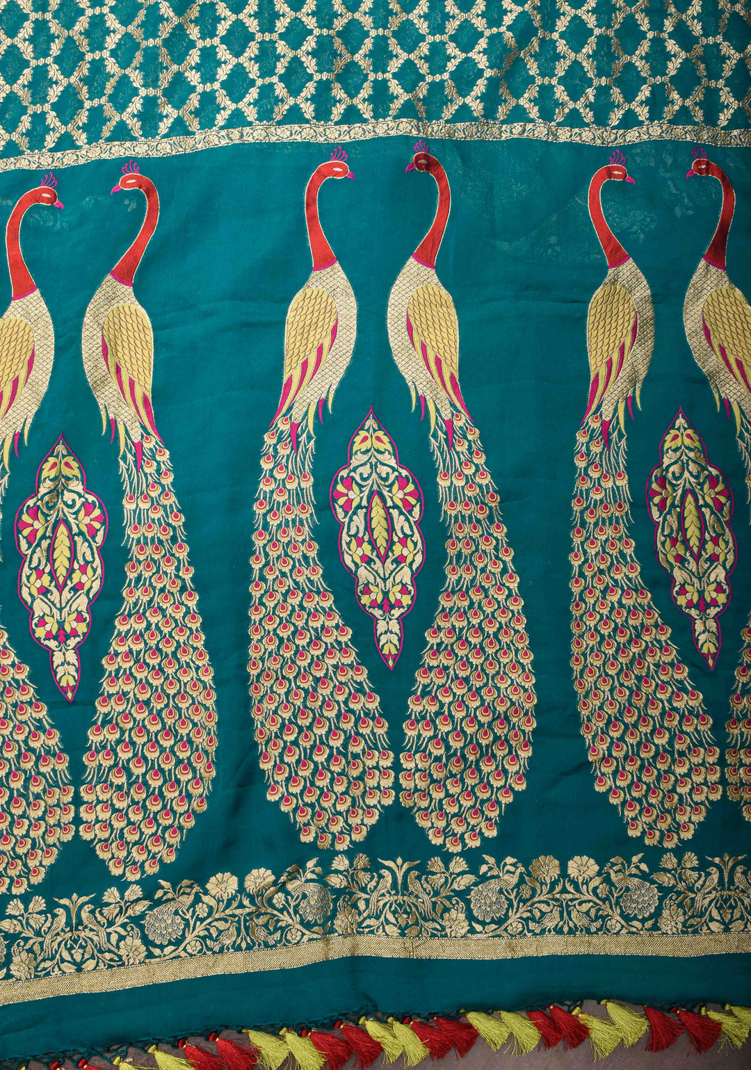 Teal Banarasi Silk Georgette Saree with Zari Jaal and Resplendent Peacock Meenakari Pallu | SILK MARK CERTIFIED