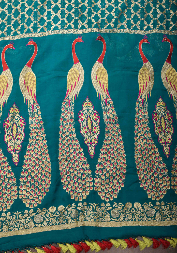 Teal Banarasi Silk Georgette Saree with Zari Jaal and Resplendent Peacock Meenakari Pallu | SILK MARK CERTIFIED
