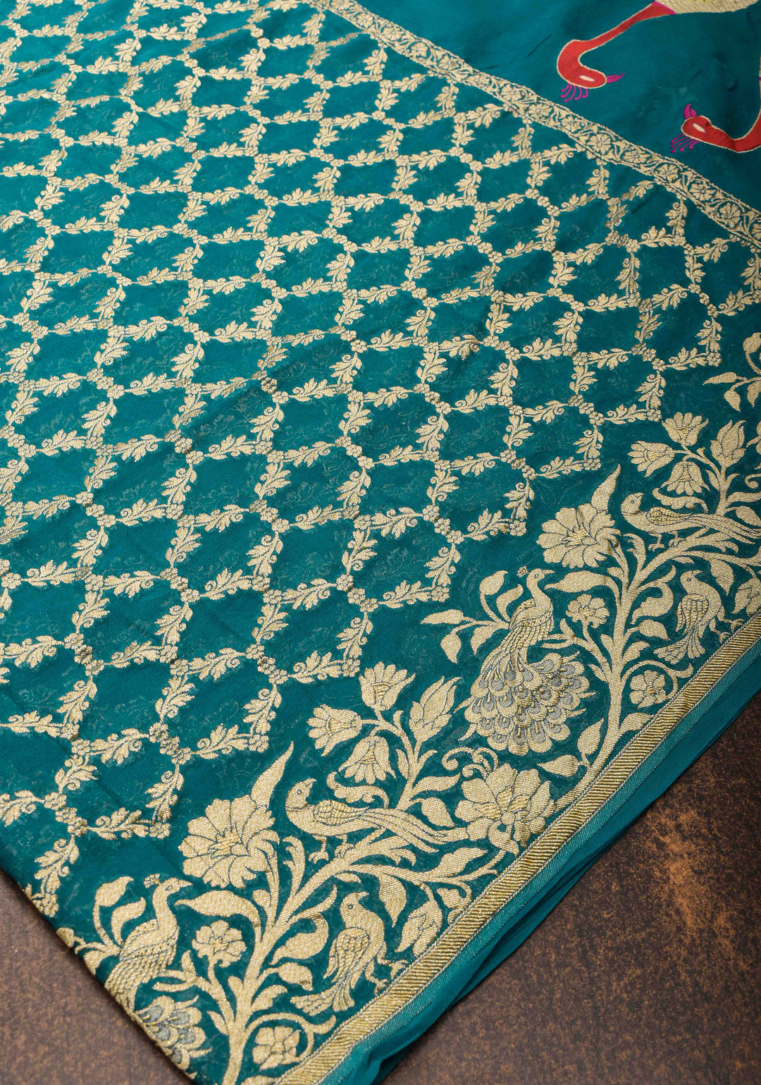 Teal Banarasi Silk Georgette Saree with Zari Jaal and Resplendent Peacock Meenakari Pallu | SILK MARK CERTIFIED