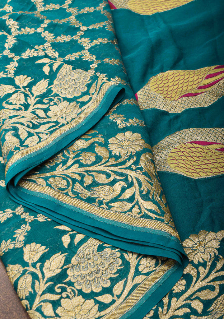 Teal Banarasi Silk Georgette Saree with Zari Jaal and Resplendent Peacock Meenakari Pallu | SILK MARK CERTIFIED