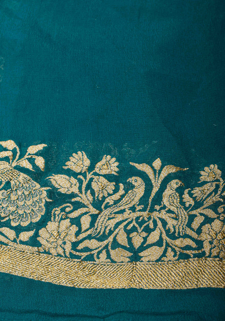 Teal Banarasi Silk Georgette Saree with Zari Jaal and Resplendent Peacock Meenakari Pallu | SILK MARK CERTIFIED
