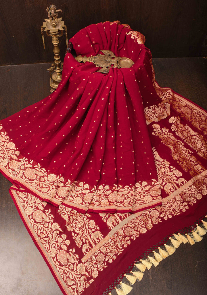 Maroon Pure Silk Georgette Saree with Zari Buttis and Tree of Life Pallu | SILK MARK CERTIFIED
