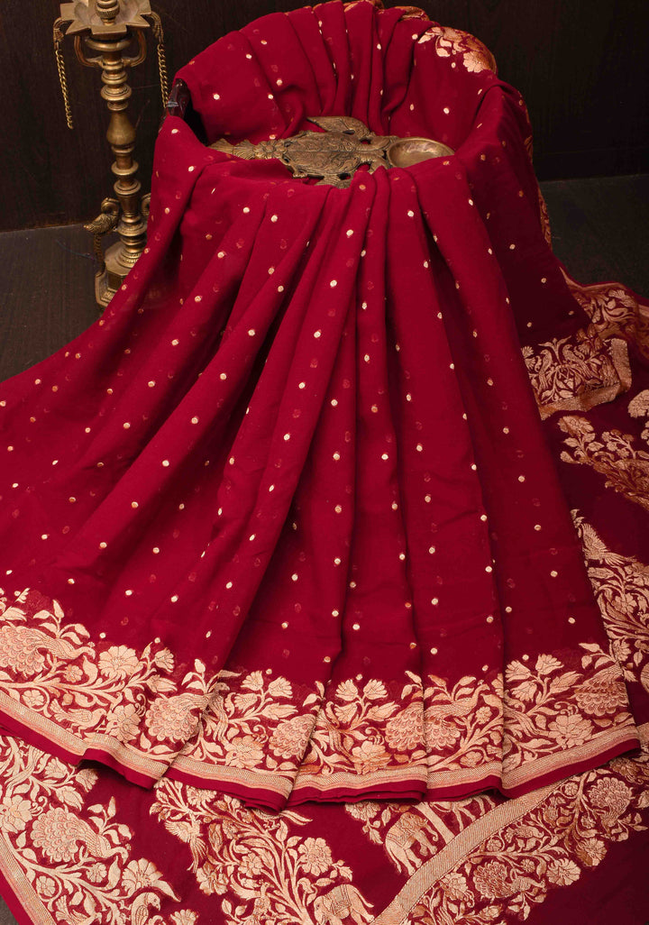 Maroon Pure Silk Georgette Saree with Zari Buttis and Tree of Life Pallu | SILK MARK CERTIFIED