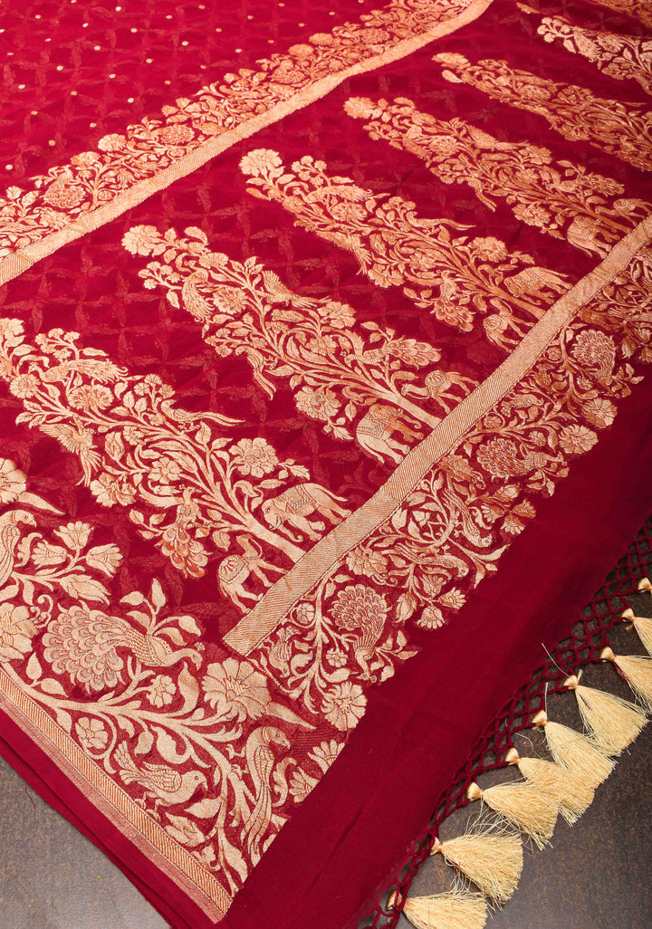 Maroon Pure Silk Georgette Saree with Zari Buttis and Tree of Life Pallu | SILK MARK CERTIFIED