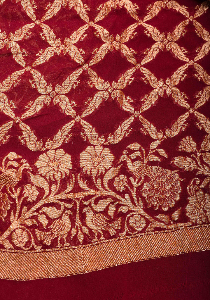 Maroon Pure Silk Georgette Saree with Zari Buttis and Tree of Life Pallu | SILK MARK CERTIFIED