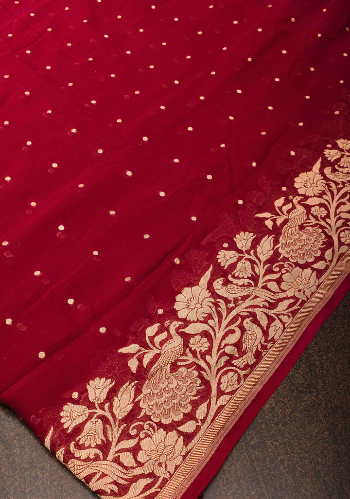 Maroon Pure Silk Georgette Saree with Zari Buttis and Tree of Life Pallu | SILK MARK CERTIFIED