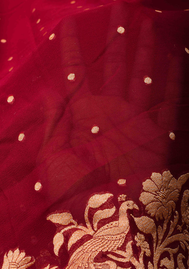 Maroon Pure Silk Georgette Saree with Zari Buttis and Tree of Life Pallu | SILK MARK CERTIFIED