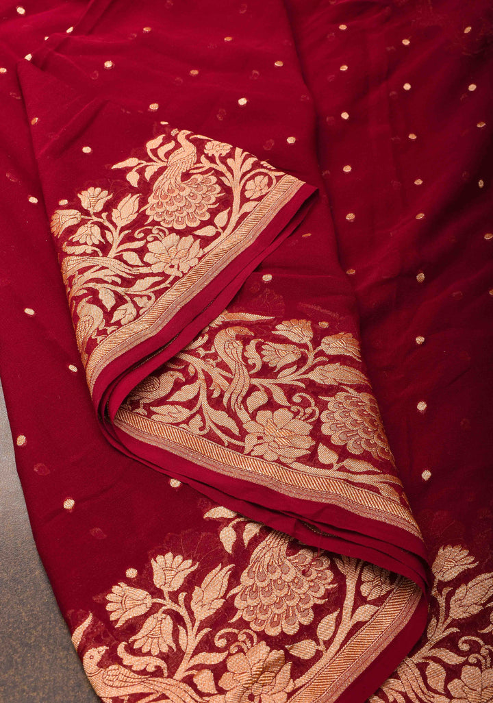 Maroon Pure Silk Georgette Saree with Zari Buttis and Tree of Life Pallu | SILK MARK CERTIFIED
