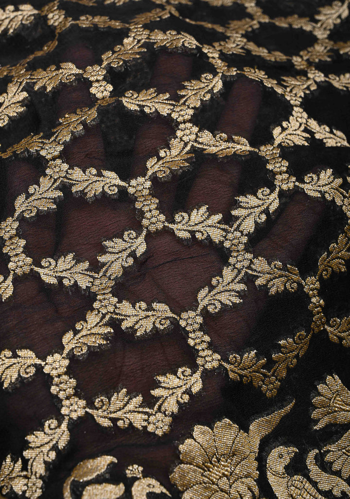 Black Banarasi Georgette Silk Saree with Zari Jaal and Resplendent Peacock Meenakari Pallu | SILK MARK CERTIFIED