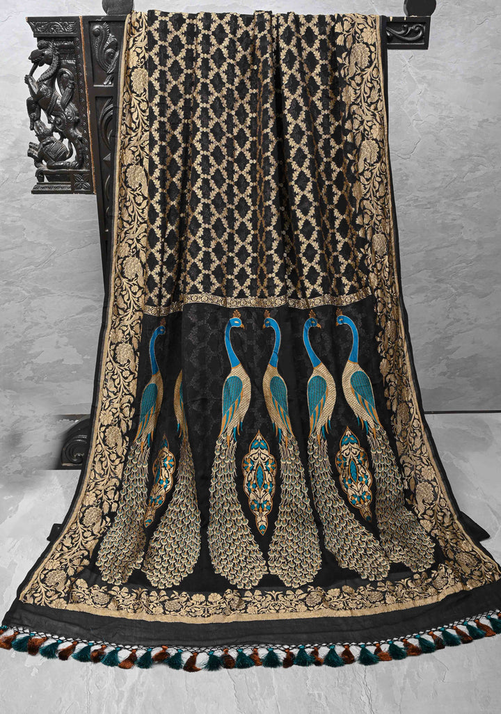 Black Banarasi Georgette Silk Saree with Zari Jaal and Resplendent Peacock Meenakari Pallu | SILK MARK CERTIFIED