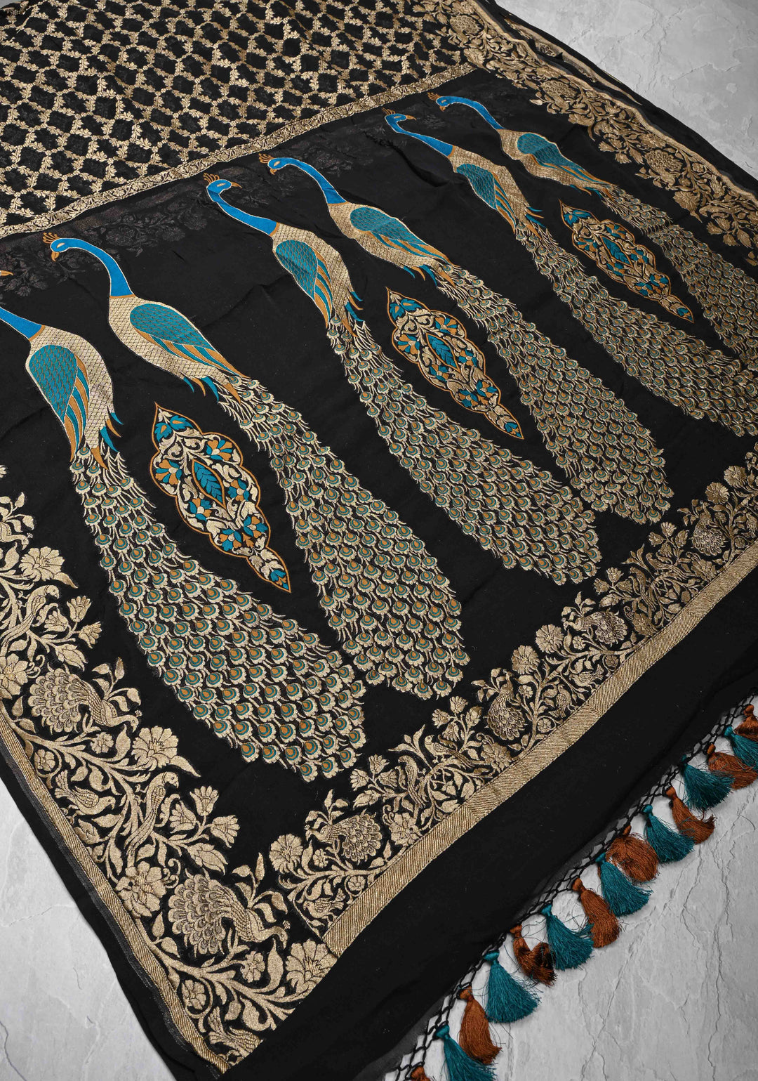 Black Banarasi Georgette Silk Saree with Zari Jaal and Resplendent Peacock Meenakari Pallu | SILK MARK CERTIFIED